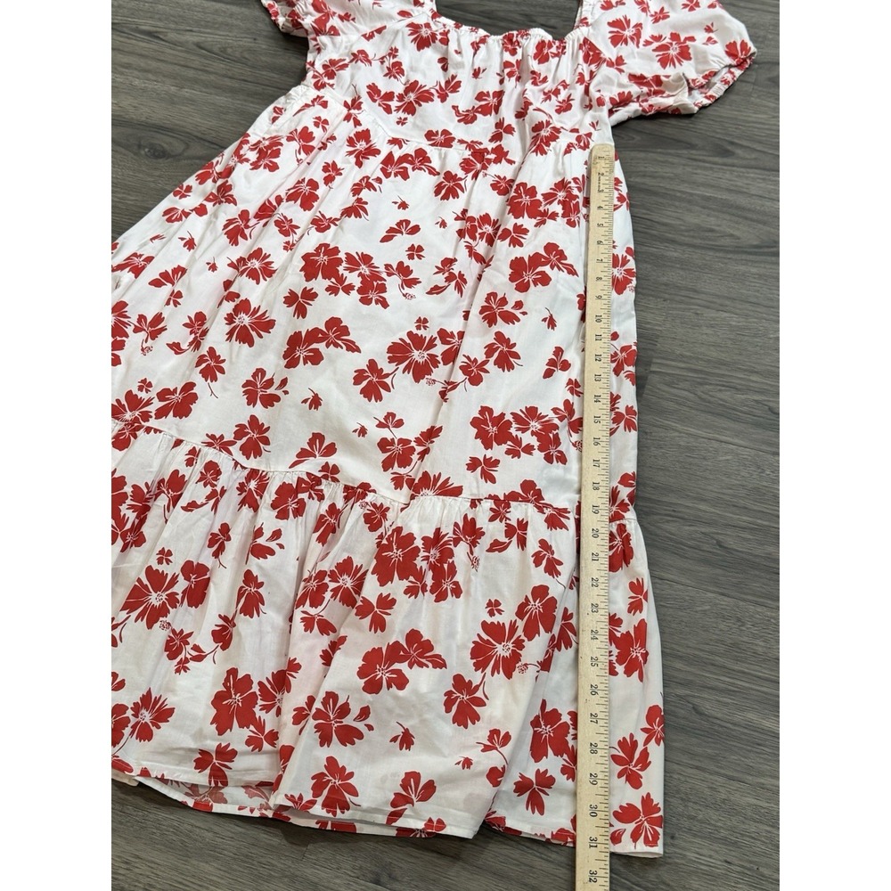 J.Crew Factory Dress‎ M White Red Hawaiian Floral Midi Tropical Pockets - Picture 7 of 8